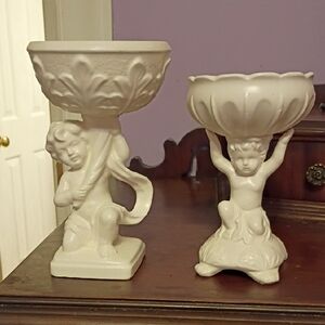 2 Vintage Inarco Ceramic Cherub Decorative Compote - White